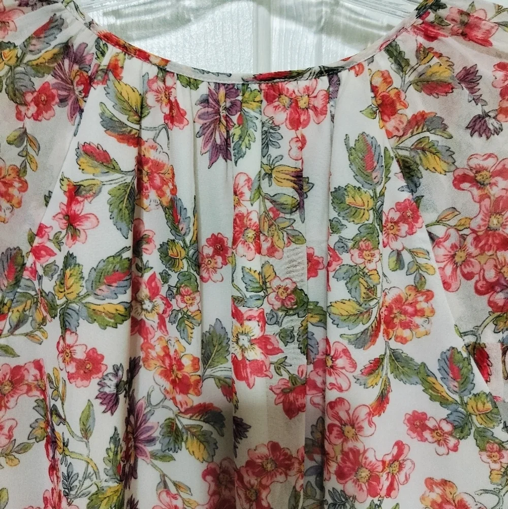 2884) Adrienne Vittadini Floral Ruffle Lined Tie Front Peasant Blouse Size Large - Picture 7 of 11